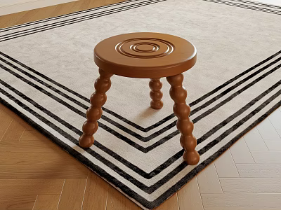 Wooden Stool With Spiral Legs Circular Top On Light Geometric Striped Rug Over Wooden Floor 3d model