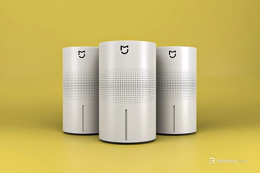 Three White Cylindrical Daily Use Electrical Appliances With Brand Logo On Yellow Background 3d model 