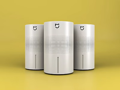 Three White Cylindrical Daily Use Electrical Appliances With Brand Logo On Yellow Background 3d model