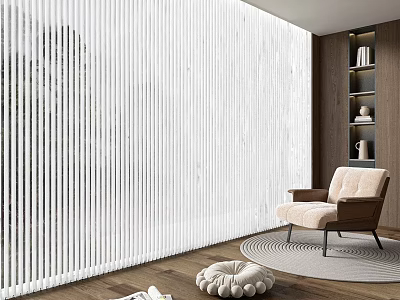 White Vertical Striped Curtain in Modern Living Room with Wooden Wall Armchair and Round Rug 3d model