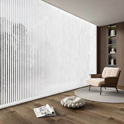 White Vertical Striped Curtain in Modern Living Room with Wooden Wall Armchair and Round Rug 3d model