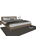 Minimalist Wooden Double Bed with Soft Pillows Brown Blanket Nightstands Lamp Vase on Rug Books