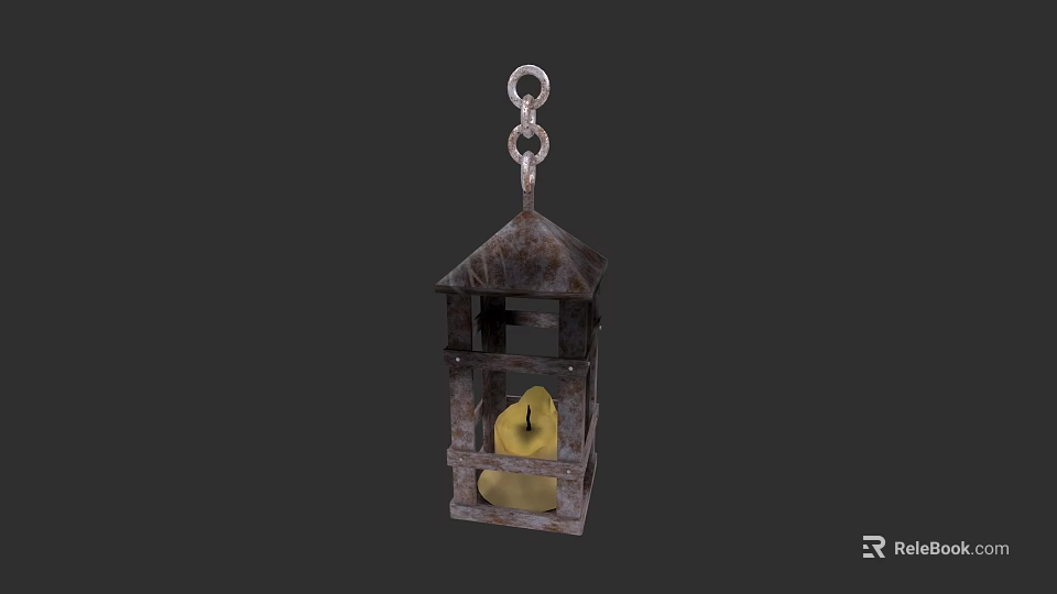 Vintage Metal Lantern with Hanging Chain and Yellow Candle Inside 3d model 