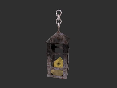 Vintage Metal Lantern with Hanging Chain and Yellow Candle Inside 3d model