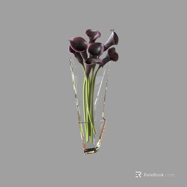 Elegant Transparent Crystal Vase With Deep Purple Calla Lilies And Green Stems 3d model 