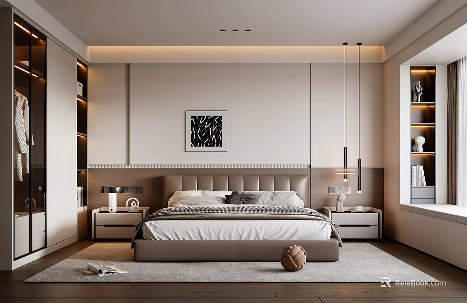 Modern Bedroom Interior With Large Bed Headboard Nightstands Artwork And Pendant Lights 3d model 