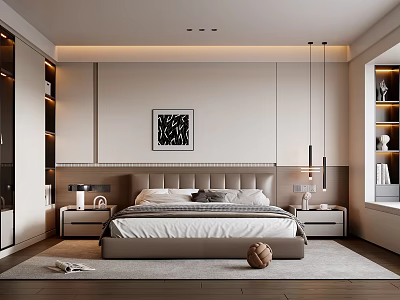 Modern Bedroom Interior With Large Bed Headboard Nightstands Artwork And Pendant Lights 3d model