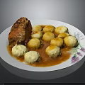 Roasted Pork Roll With Potato Dumplings In Red Sauce On White Plate With Purple Pattern