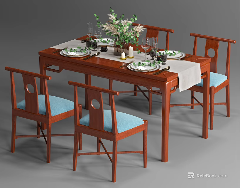Traditional Wooden Dining Table Set With Four Chairs Blue Cushions White Tablecloth And Green Plants 3d model 