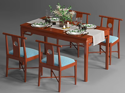 Traditional Wooden Dining Table Set With Four Chairs Blue Cushions White Tablecloth And Green Plants 3d model