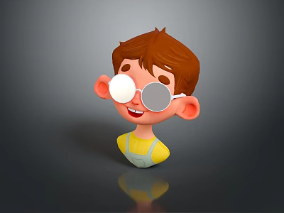 Cartoon Man with Brown Hair Wearing Large Round White Glasses Yellow Shirt Gray Overalls Smiling 3d model