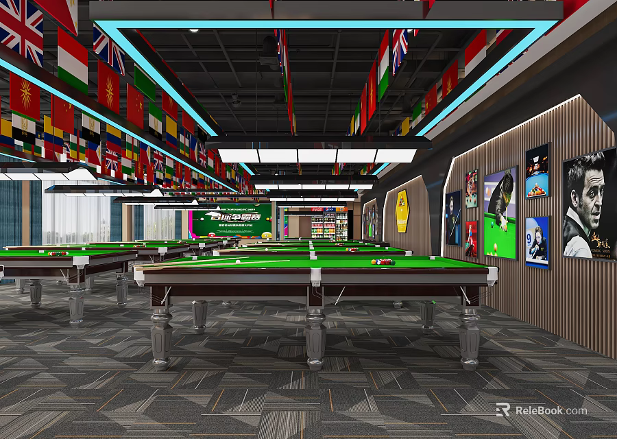 Modern Billiard Room Interior With Multiple Tables Ceiling Flags And Wall 3d model 