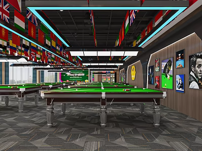 Modern Billiard Room Interior With Multiple Tables Ceiling Flags And Wall 3d model