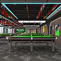 Modern Billiard Room Interior With Multiple Tables Ceiling Flags And Wall