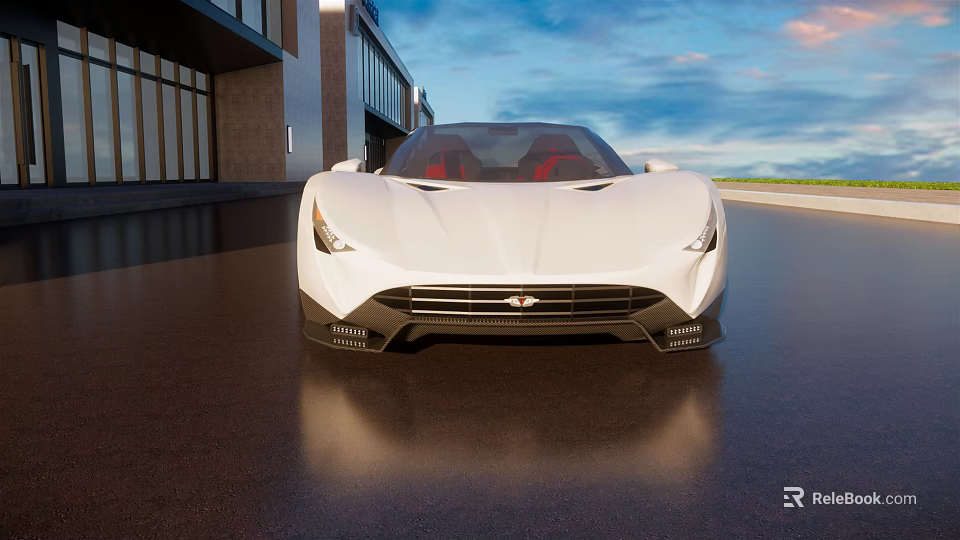 White Sports Car Parked Near Modern Building With Red Seats And Shiny Front Design 3d model 