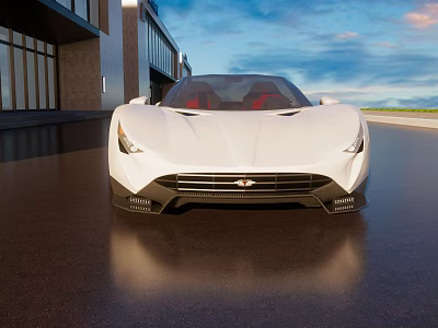 White Sports Car Parked Near Modern Building With Red Seats And Shiny Front Design 3d model