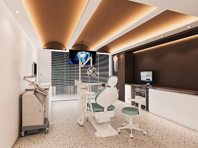 Modern Dental Clinic Interior With Dental Chair Medical Equipment And Ceiling Lights 3d model