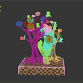Tree Sculpture With Green Leaves Red Yellow Flowers Trunk Face Hand Holding Cheek Checkerboard Base