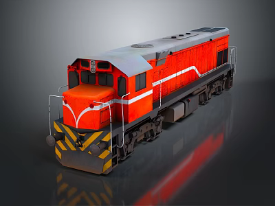 Red Locomotive Train With White Stripe Yellow Black Warning Stripes On Dark Background With Reflection 3d model