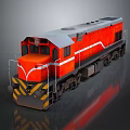 Red Locomotive Train With White Stripe Yellow Black Warning Stripes On Dark Background With Reflection
