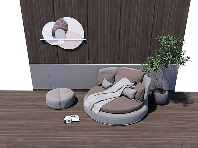 Modern Round Single Sofa Brown Gray with Cushions Blanket Decorative Painting Green Plant Ottoman 3d model
