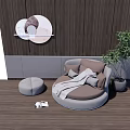 Modern Round Single Sofa Brown Gray with Cushions Blanket Decorative Painting Green Plant Ottoman
