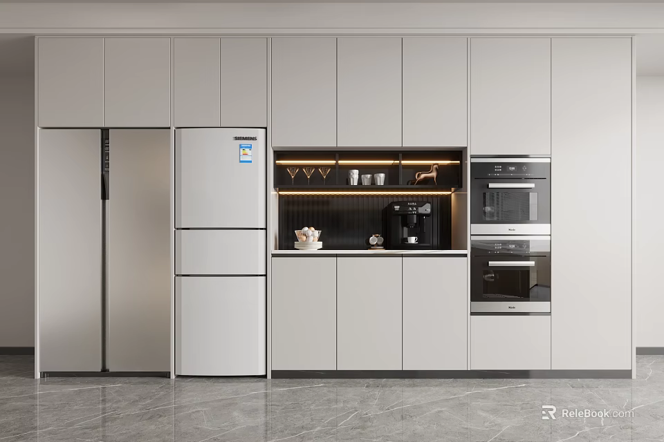 Stylish Wine Cabinet In Modern Open Kitchen With Integrated Cabinets And Appliances 3d model 