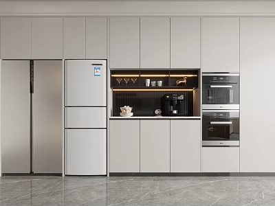 Stylish Wine Cabinet In Modern Open Kitchen With Integrated Cabinets And Appliances 3d model