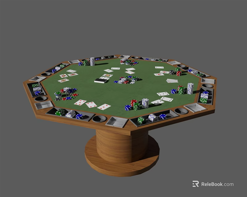 Round Gaming Table With Green Surface Playing Cards Chips And Storage Compartments 3d model 
