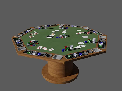 Round Gaming Table With Green Surface Playing Cards Chips And Storage Compartments 3d model