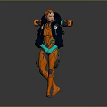 Futuristic Sci Fi Character In Orange Neon Outfit With Black Accents And Green Gloves