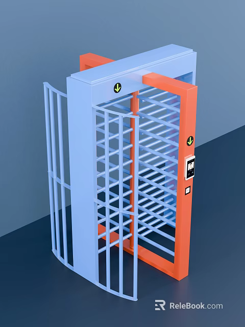 Commercial Turnstile Equipment with Blue Orange Frame and Metal Bars for Access Control 3d model 
