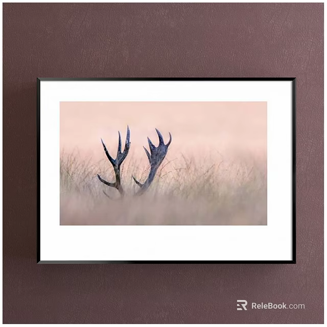 Elegant Framed Botanical Painting With Antlers And Grass In Soft Background 3d model 