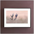 Elegant Framed Botanical Painting With Antlers And Grass In Soft Background