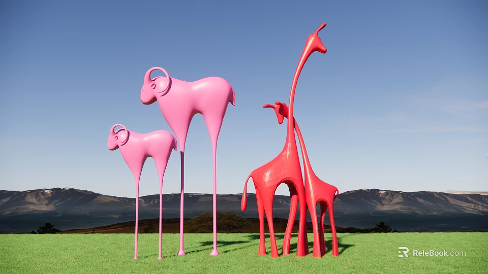 Pink Sheep And Red Giraffe Sculptures On Green Grassland With Blue Sky And Mountains 3d model 