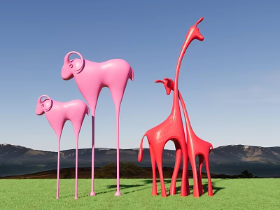 Pink Sheep And Red Giraffe Sculptures On Green Grassland With Blue Sky And Mountains 3d model