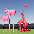 Pink Sheep And Red Giraffe Sculptures On Green Grassland With Blue Sky And Mountains