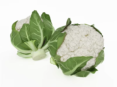 Fresh Organic Whole Cauliflower Heads with Green Leaves on White Background 3d model