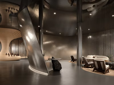 Modern Luxury Lobby With Metal Curved Surface Wooden Decor Lighting Seats And Open Space 3d model