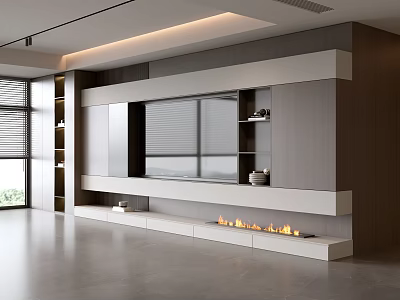 Modern Living Room Interior Design With TV Wall Fireplace And Storage Shelves 3d model