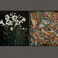 Modern Wall Art with White Lilies on Black Background and Colorful Abstract Design