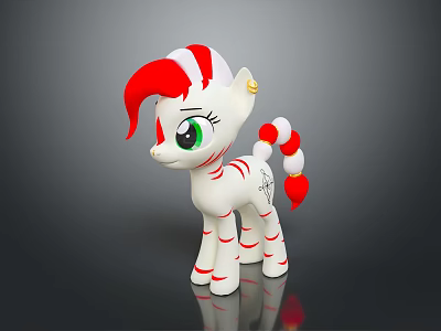 Cute White Pony Toy Figure With Red White Mane Tail Green Eyes And Stripes 3d model