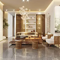 Modern Bright Hotel Lobby Interior With Circular Ceiling Lighting Wooden Reception Desk And Green Plants