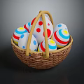 Decorative Ornament Set With Wooden Handle Woven Basket And Colorful Patterned Eggs