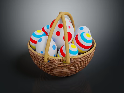 Decorative Ornament Set With Wooden Handle Woven Basket And Colorful Patterned Eggs 3d model