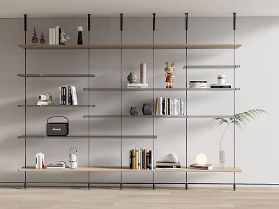 Modern Open Shelves Bookcase with Books Decorative Items and a Plant in Gray Wood Tones 3d model