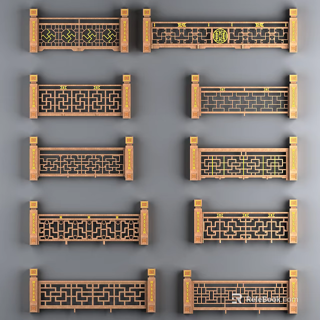 Traditional Chinese Style Carved Wooden Railings With Intricate Patterns And Columns 3d model 