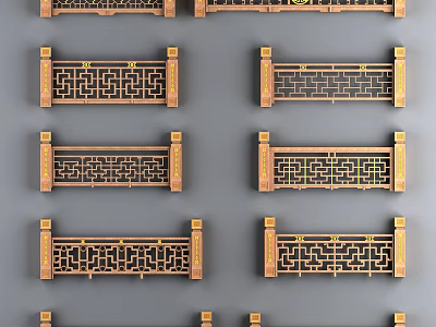 Traditional Chinese Style Carved Wooden Railings With Intricate Patterns And Columns 3d model