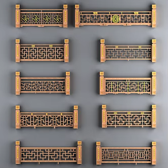 Chinese Railing Wooden Antique Railing 3d model