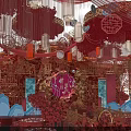 Chinese Style Banquet Hall With Red Decor Lanterns Flowers Chandeliers And Traditional Patterns